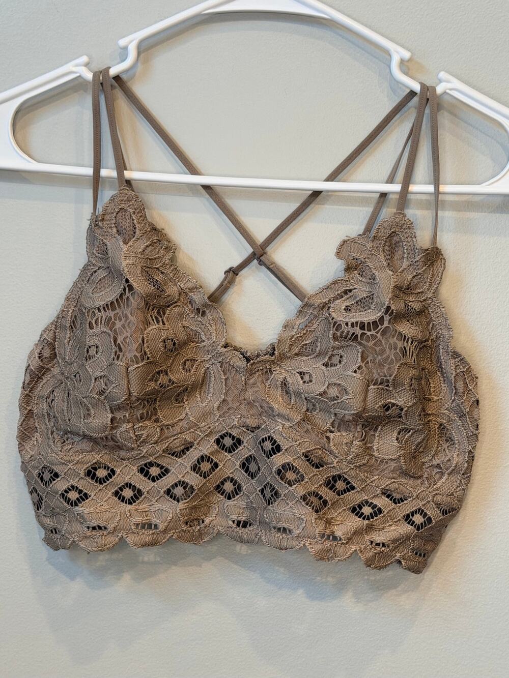 Wishlist strappy lace bralette Taupe Geometric Wide Band Boho Bra Size Large